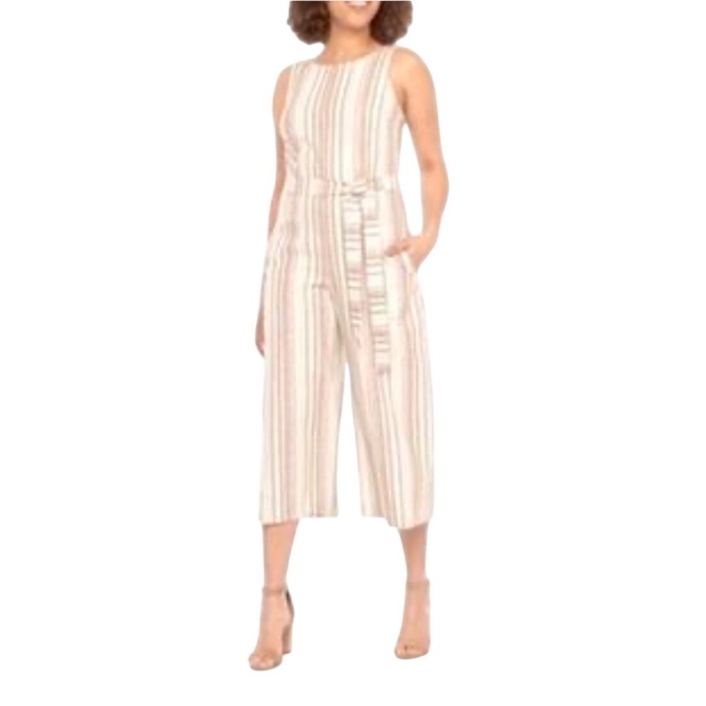 ViVi by Violet Weekend Striped Linen Blend Wide Leg Jumpsuit 12 Coastal Cottage